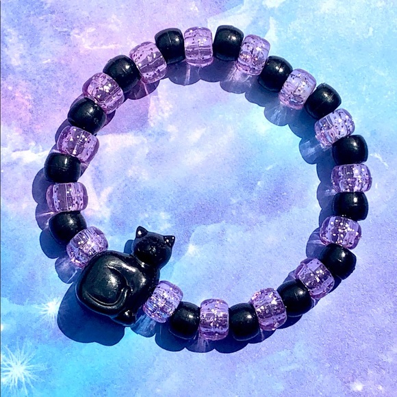 Black Cat Charm Beaded Bracelet - Goth, Emo, Witchy, Kitty - Picture 1 of 3